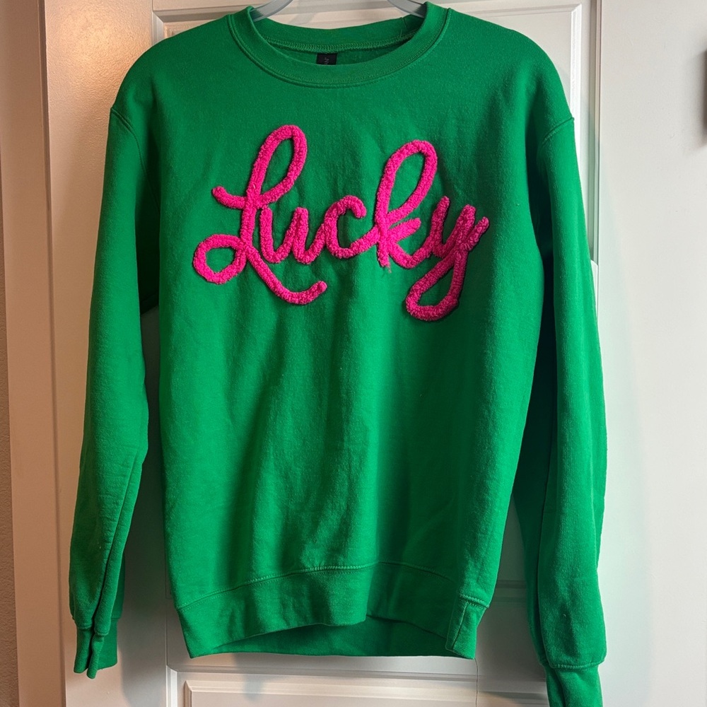 “Lucky” oversized Vibrant Green Sweater with Pink Script